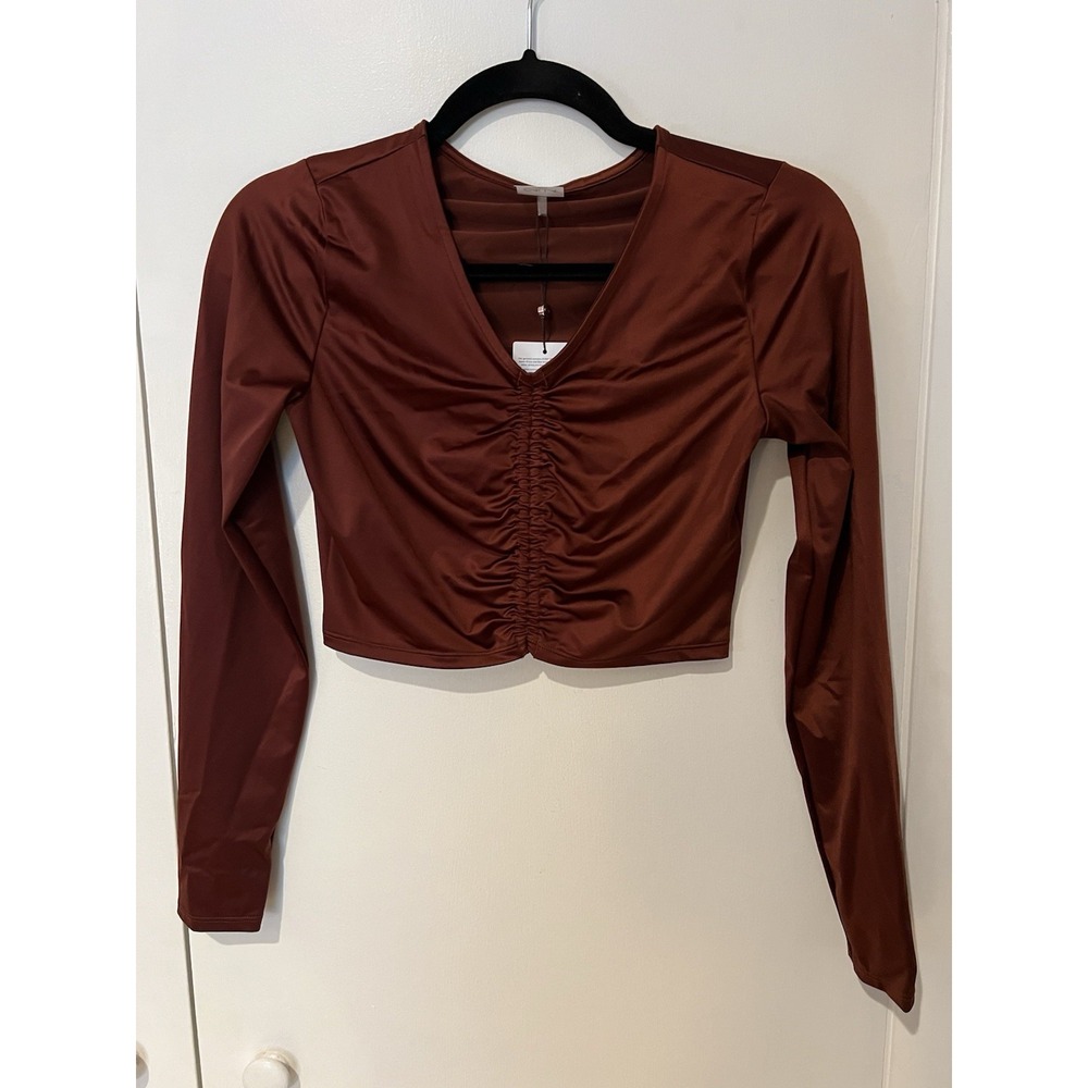 NWT Calia Rash Guard XS Long Sleeve Ruched Top Red Brown Womens Swim Shirt